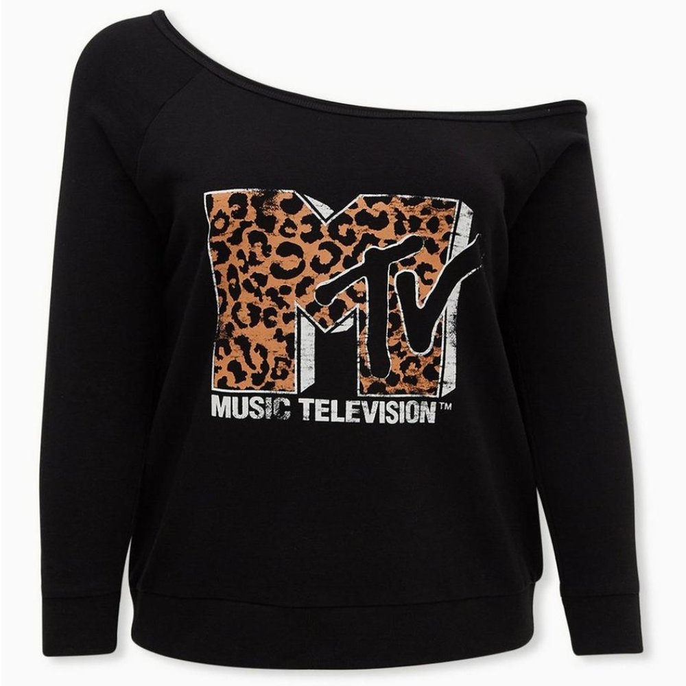 TORRID MTV Leopard & Black Terry Off Shoulder Sweatshirt Size 3 Plus Top